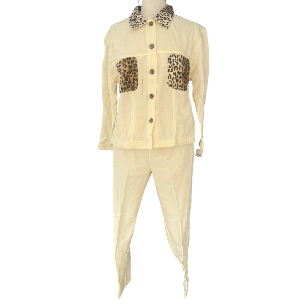 Vtg 90s Susan Christopher Leopard 2 Pc Cream Pants Set Sm Mob Wives Glam NWT
